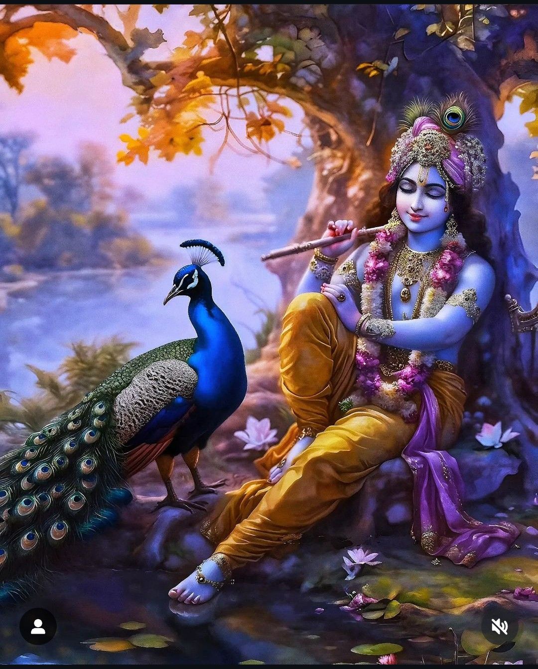 Krishna playing flute with peacock