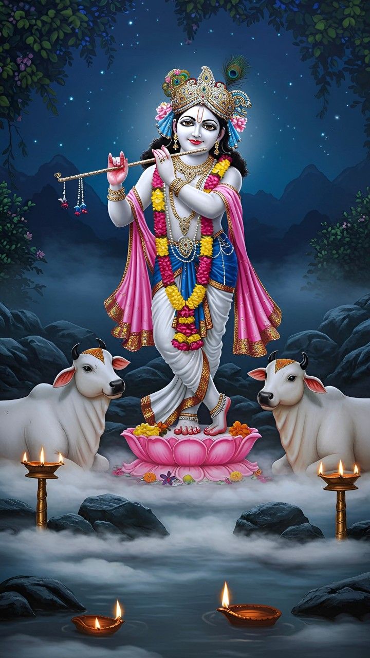Krishna playing flute with cows, serene