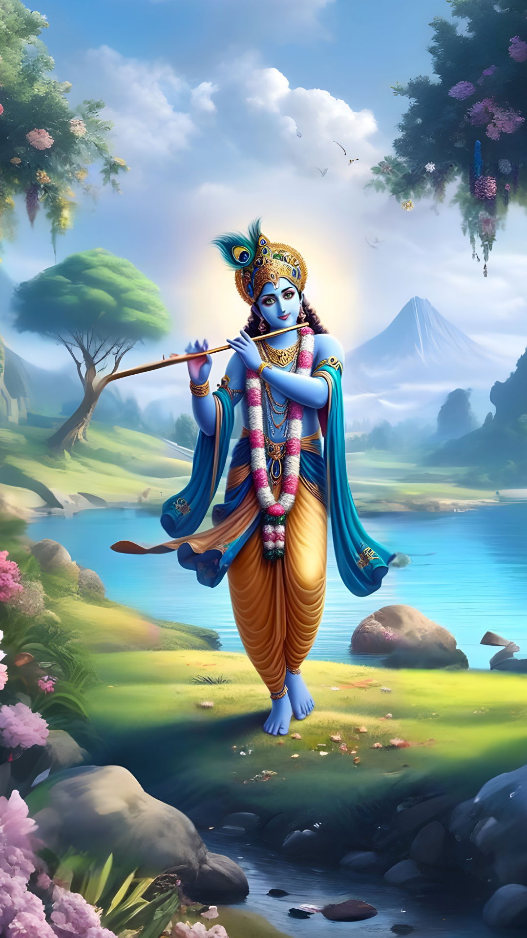 Krishna playing flute in a forest