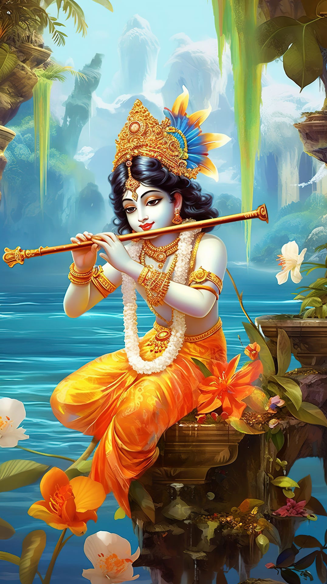 Krishna playing flute in lush forest