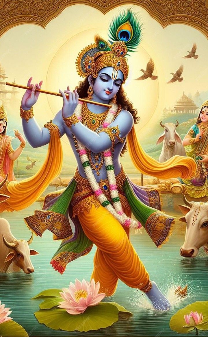 Krishna playing flute in Vrindavan