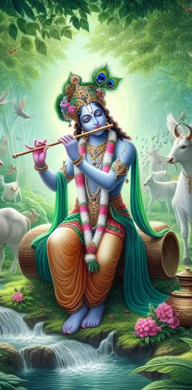 Krishna playing flute in forest scene
