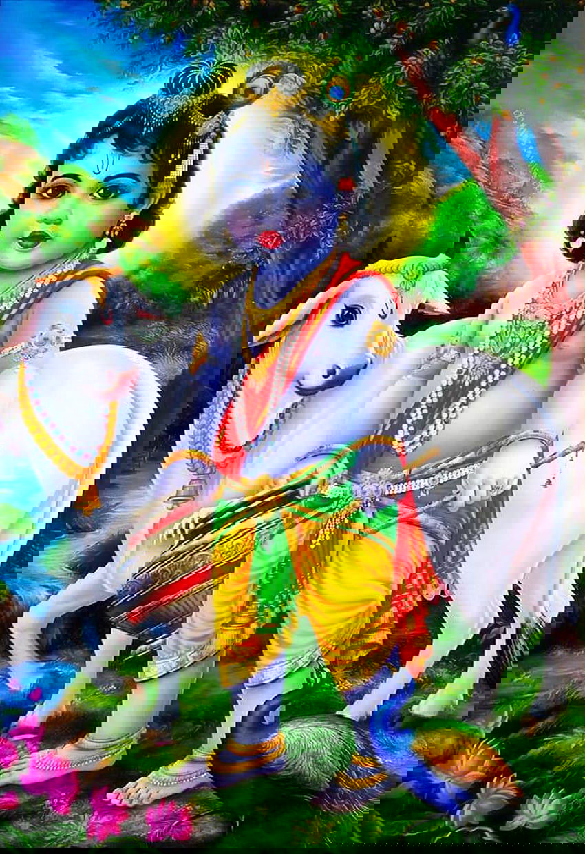 Baby Krishna playing flute with a cow