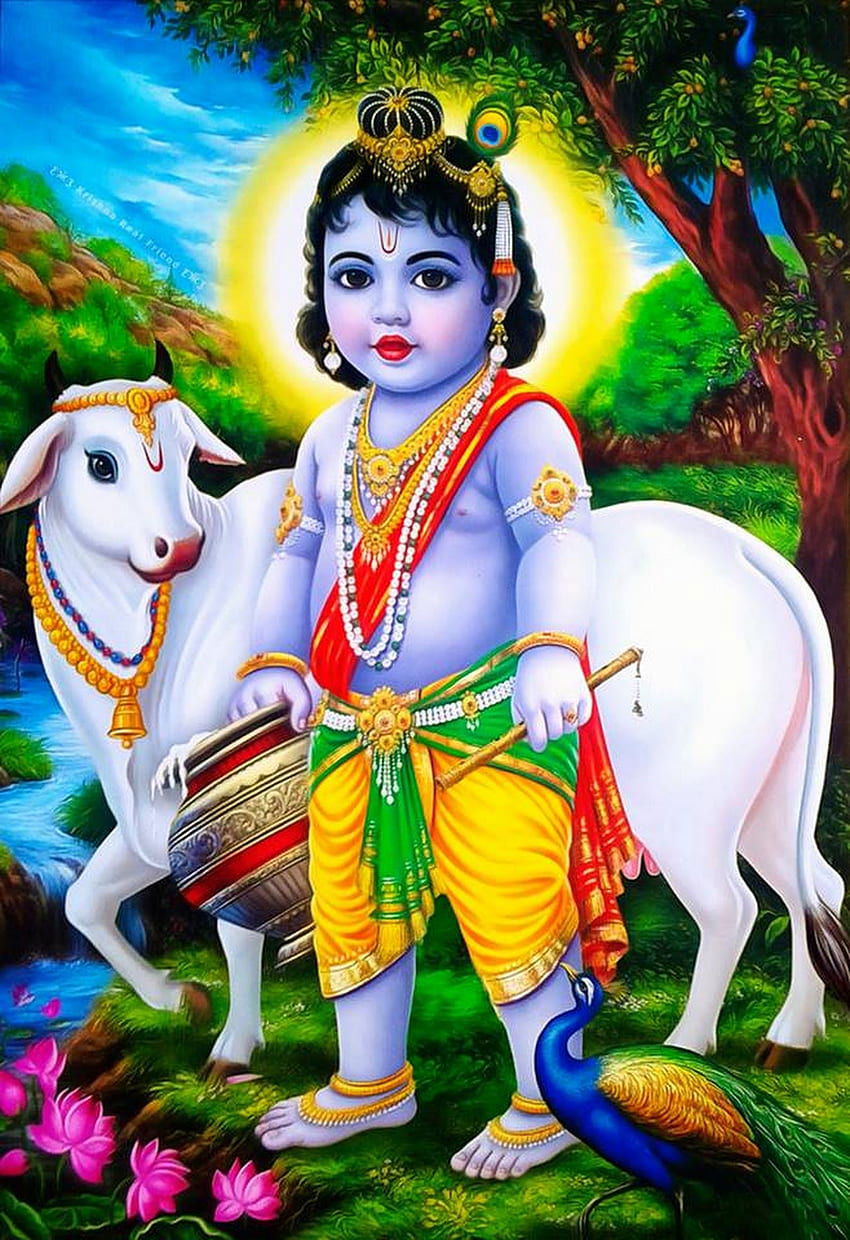 Baby Krishna playing flute with a cow