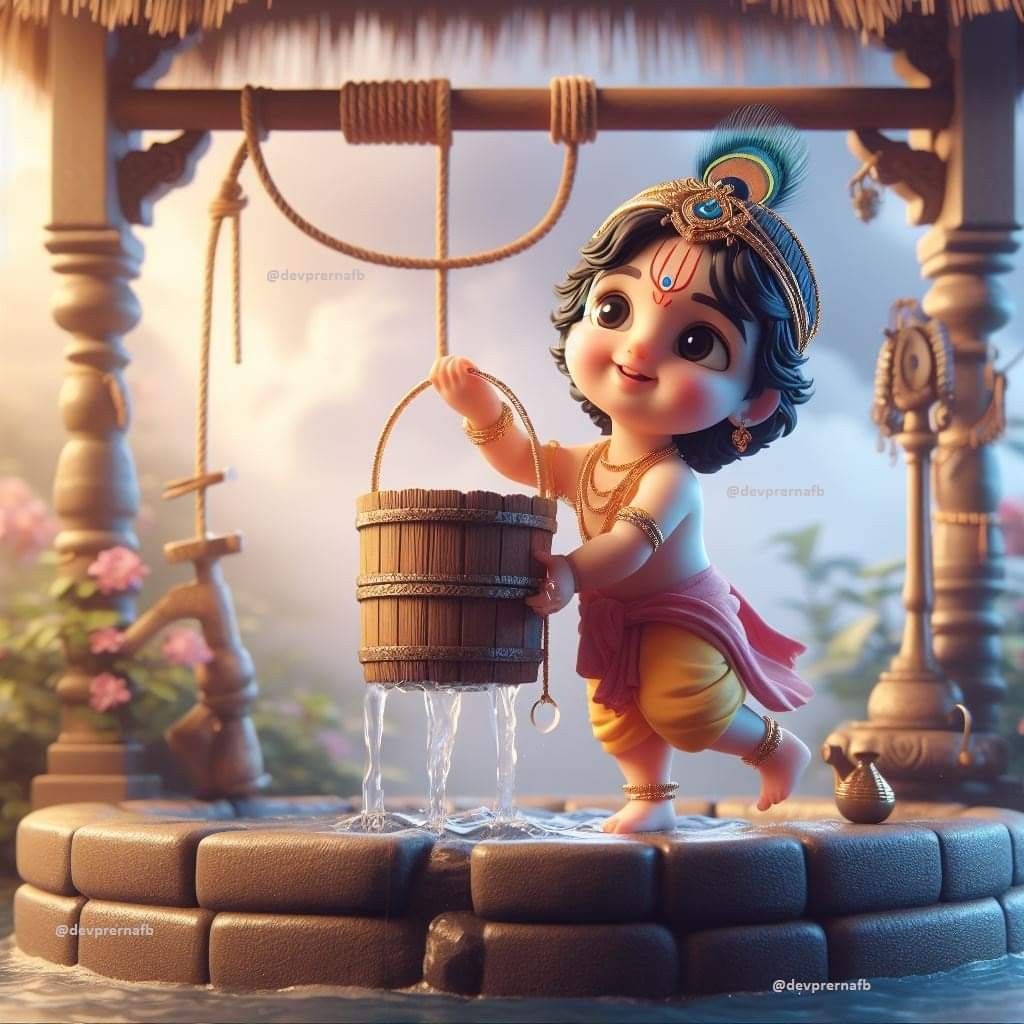 Little Krishna stealing butter from well