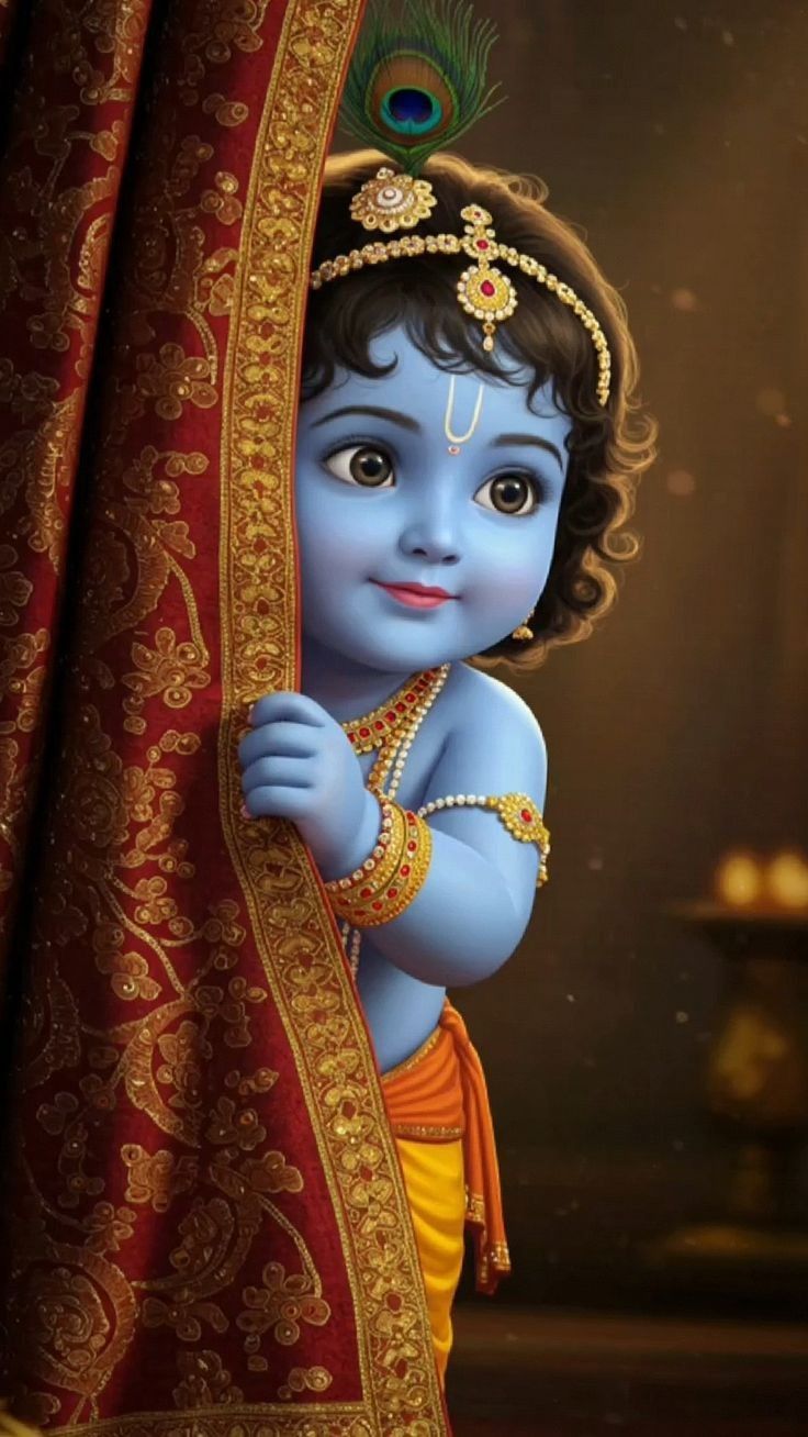 Cute baby Krishna peeking from curtain