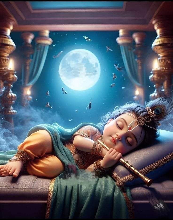 Sleeping Krishna with flute under moonlight