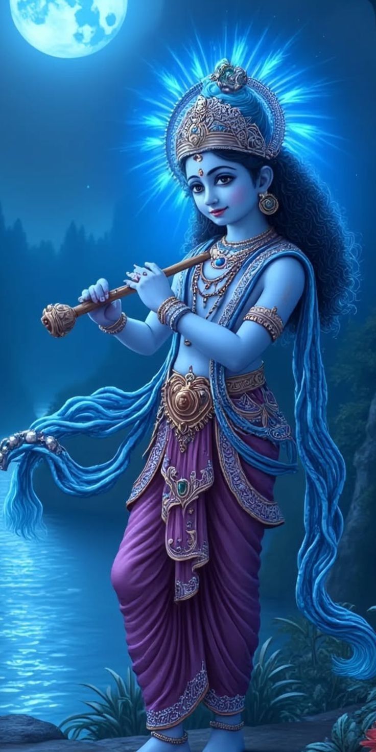 Krishna playing flute under moonlight