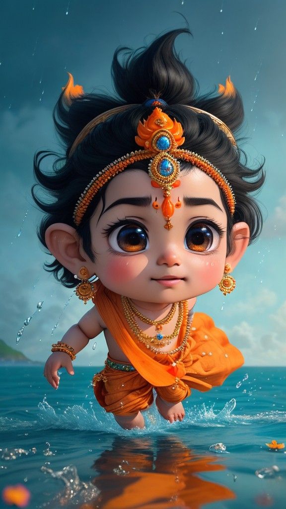 Cute baby Krishna playing in water.