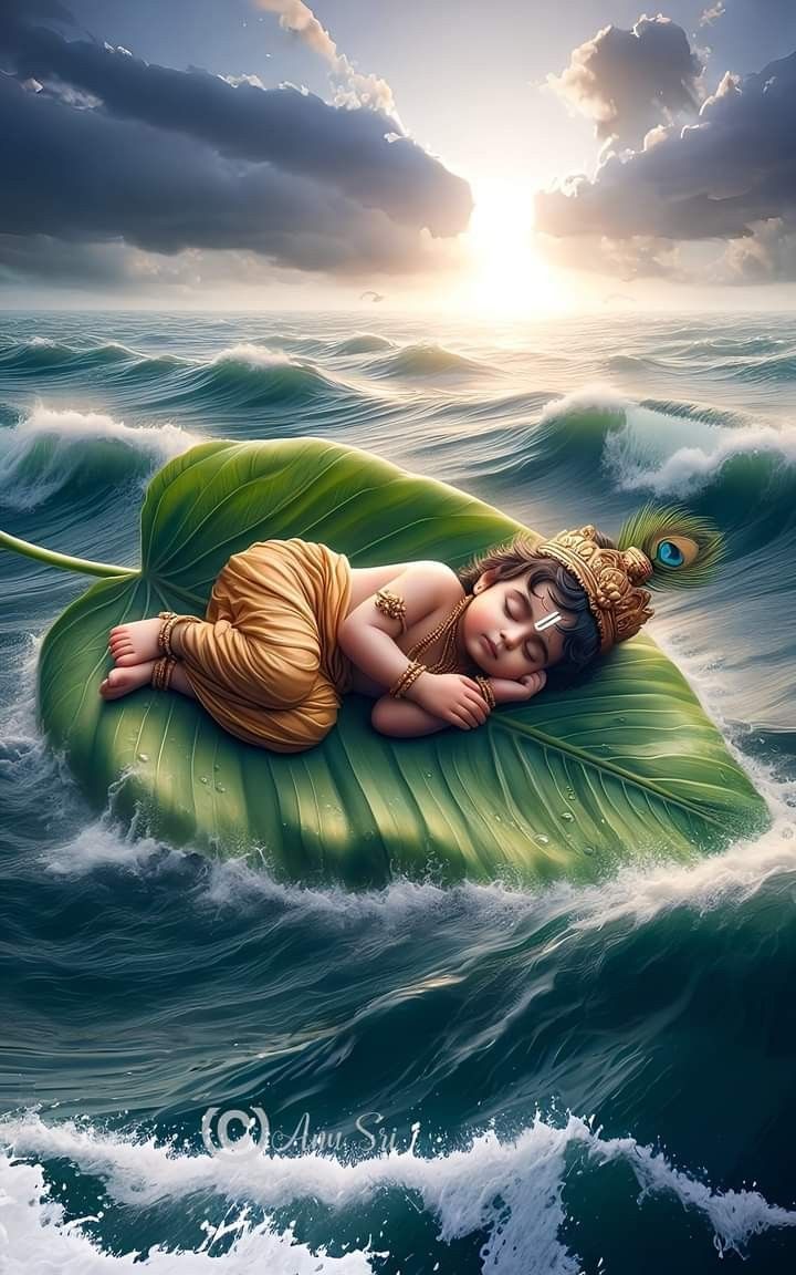 Baby Krishna sleeps on lotus leaf.