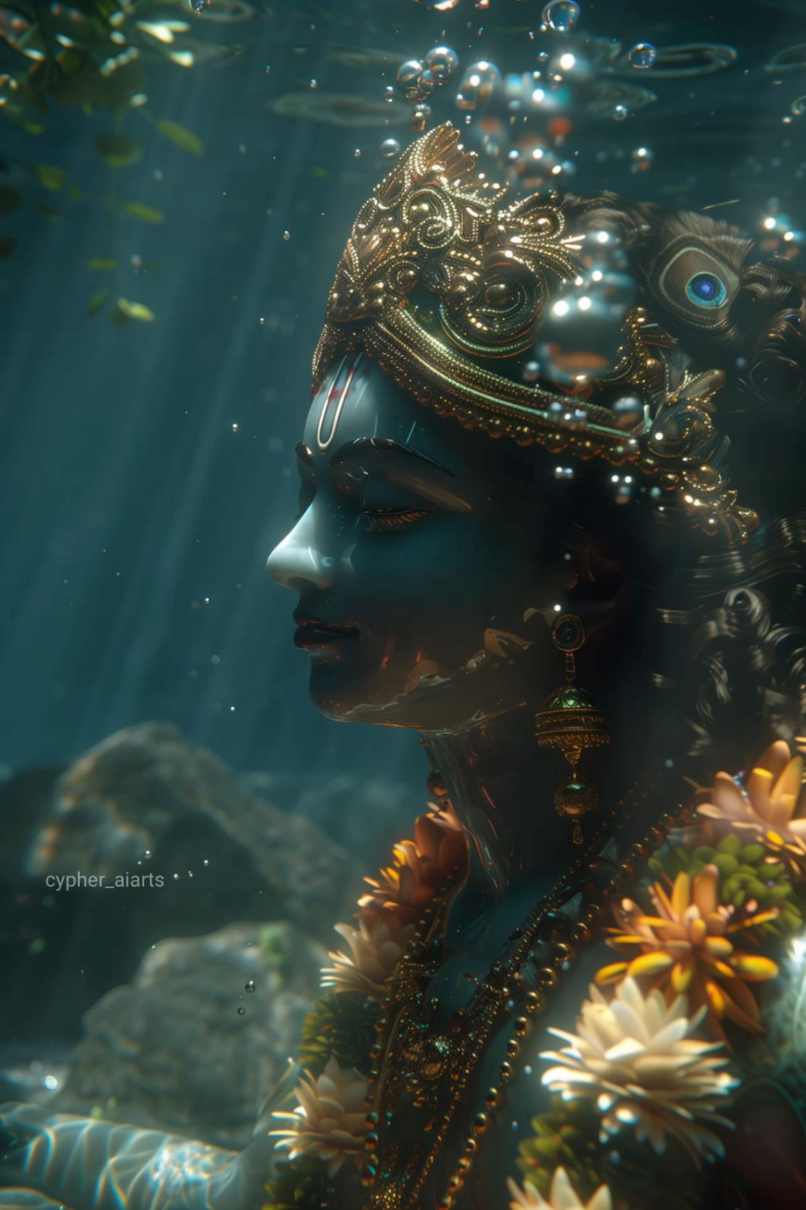 Krishna underwater with lotus flowers