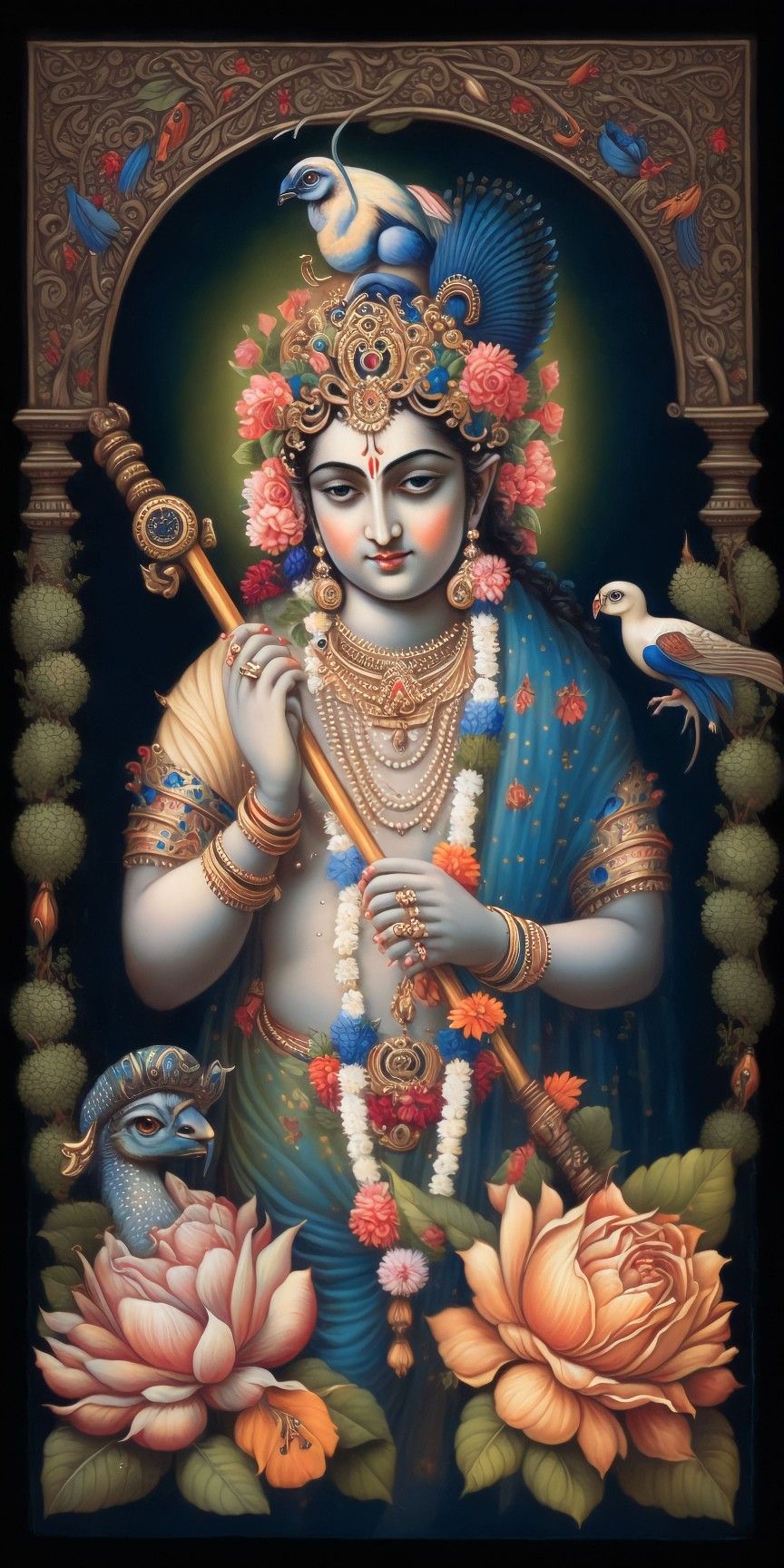 Krishna playing flute with peacock feathers
