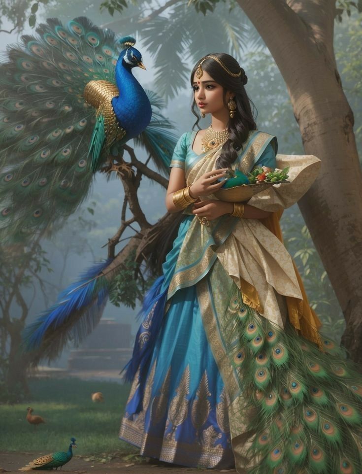Woman and peacock in a forest scene.