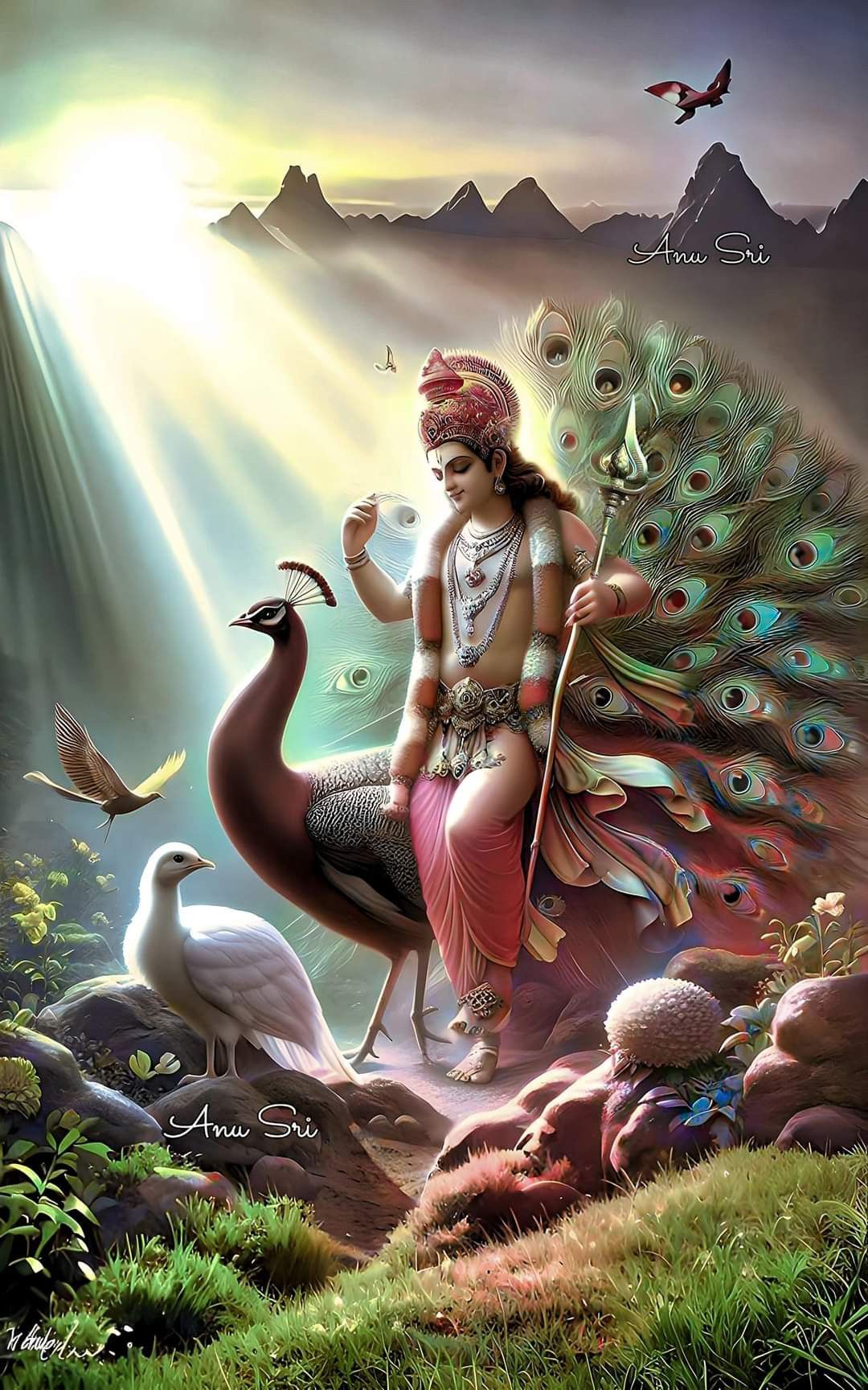 Krishna playing flute with peacocks
