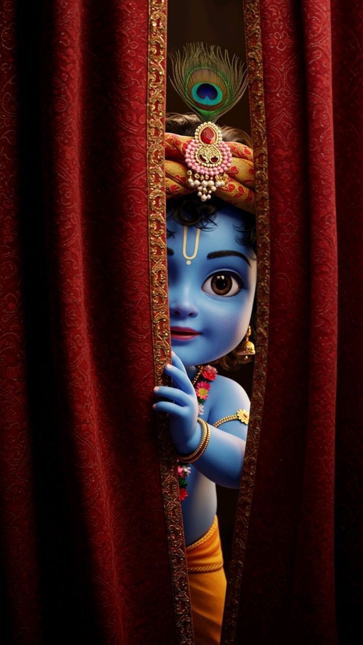 Little Krishna peeks through curtains