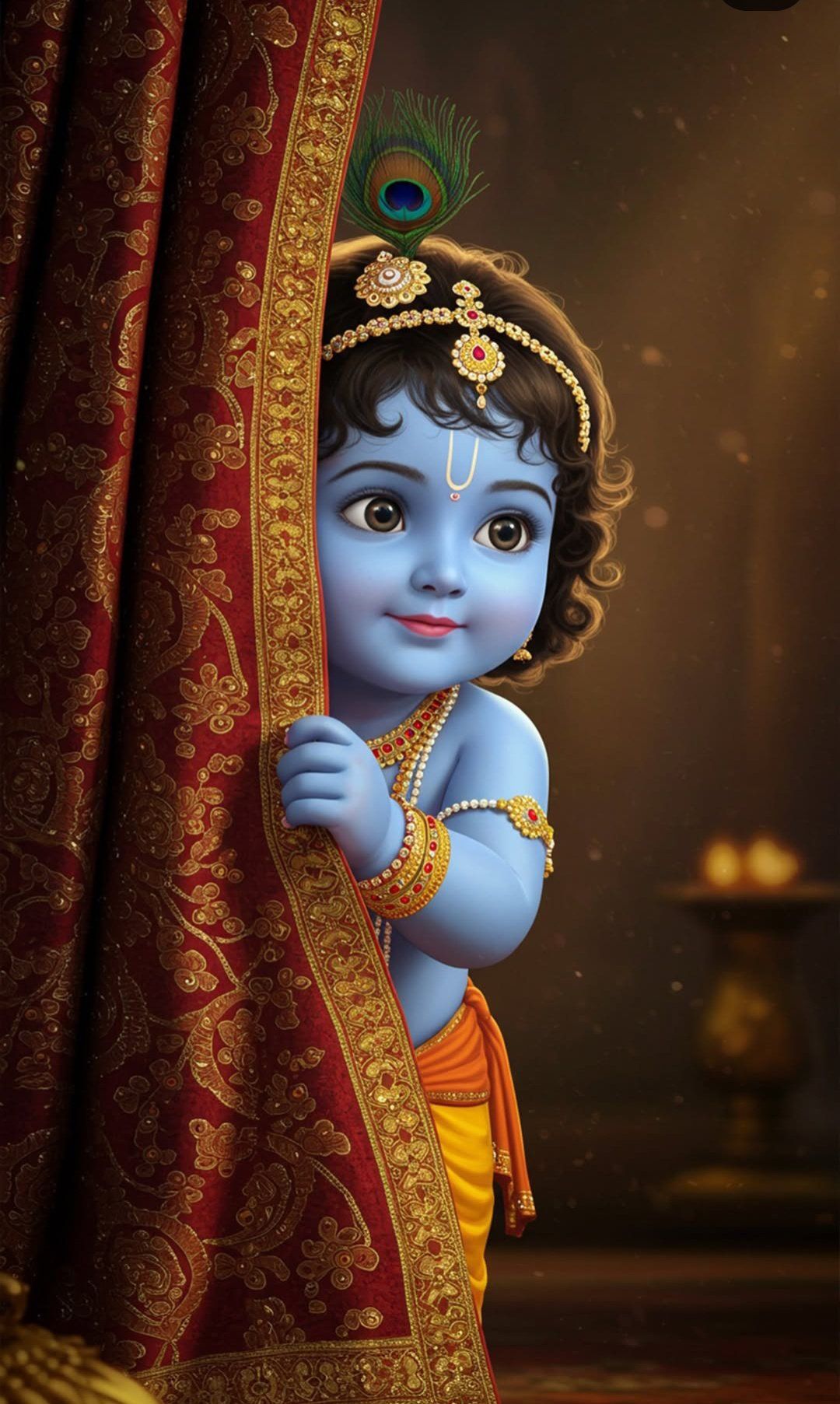Baby Krishna peeking from behind a curtain