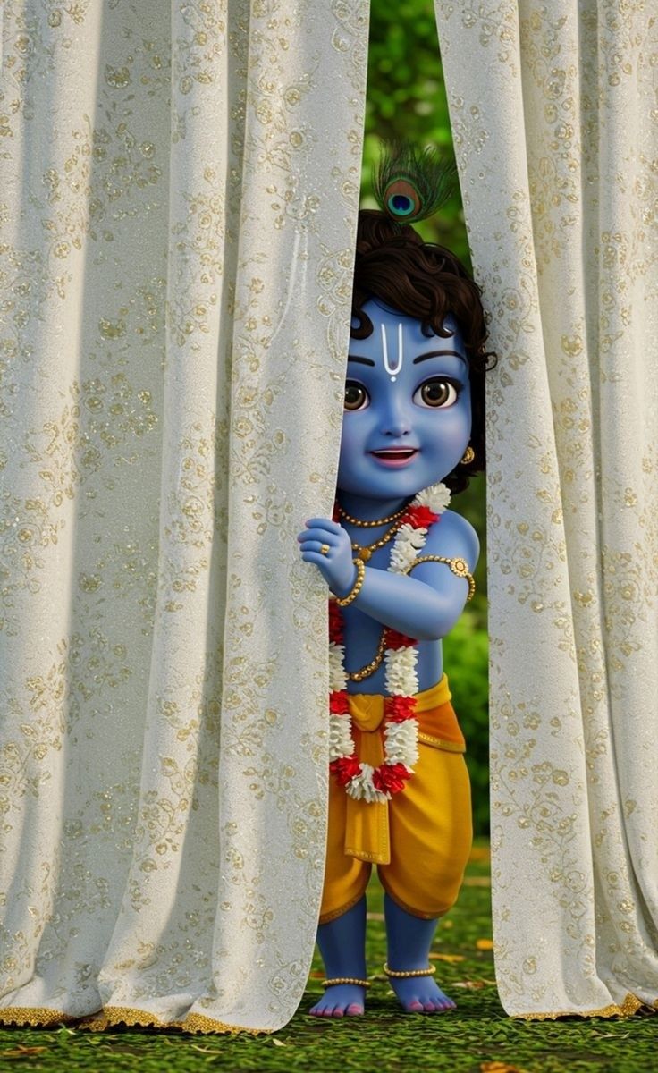 Little Krishna peeking from curtains