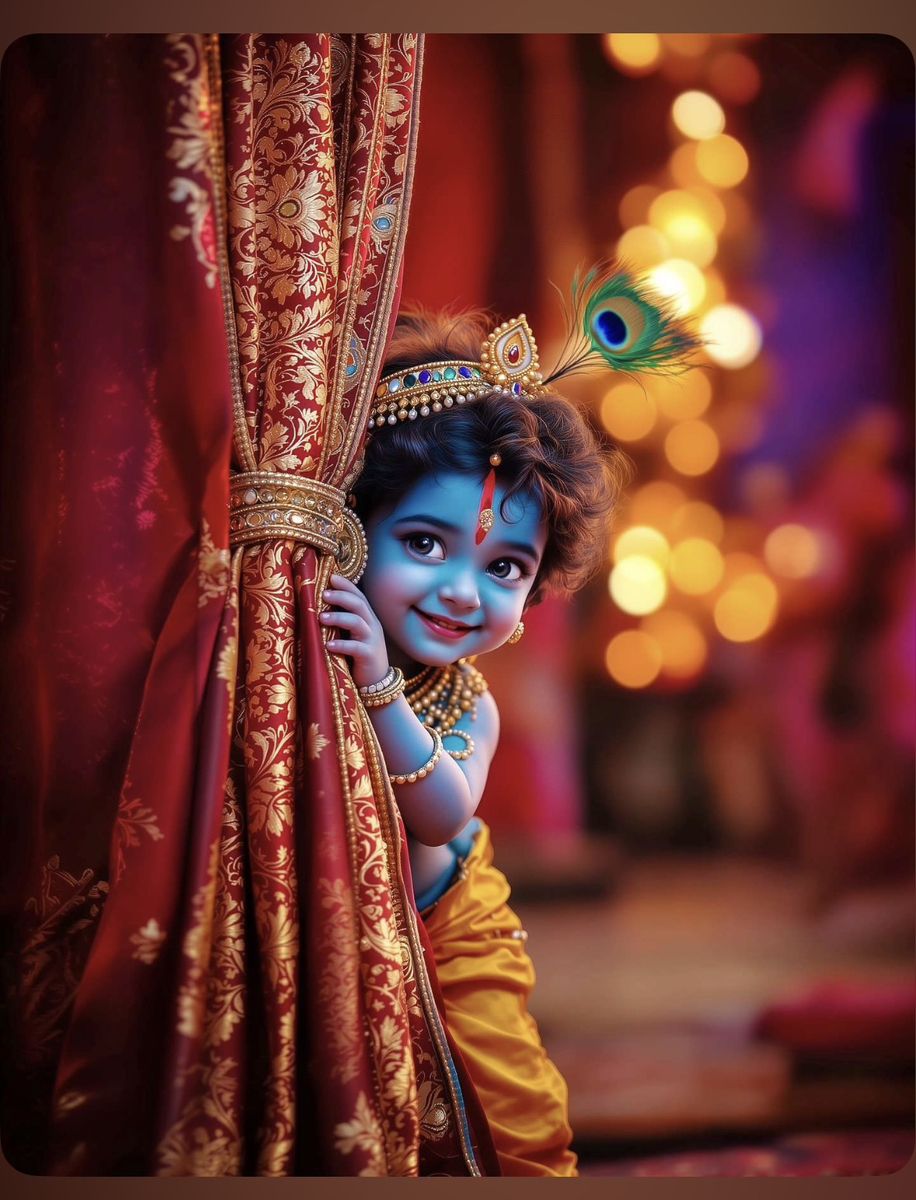 Baby Krishna peeks from behind drape