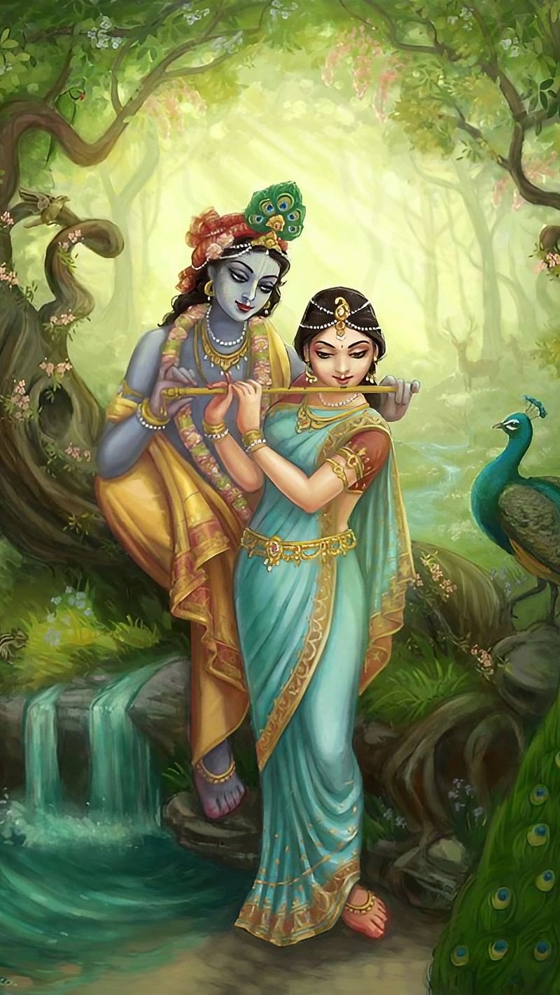 Krishna and Radha in a forest scene