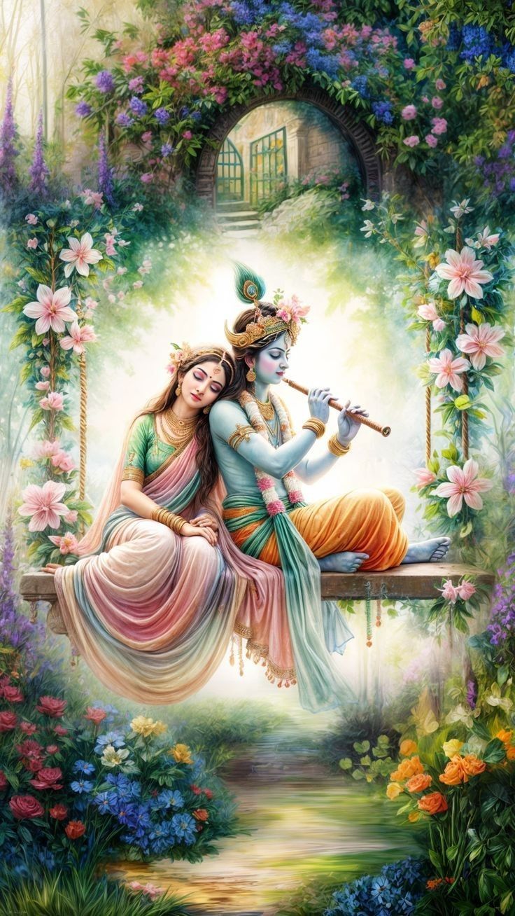 Krishna and Radha on a flower swing