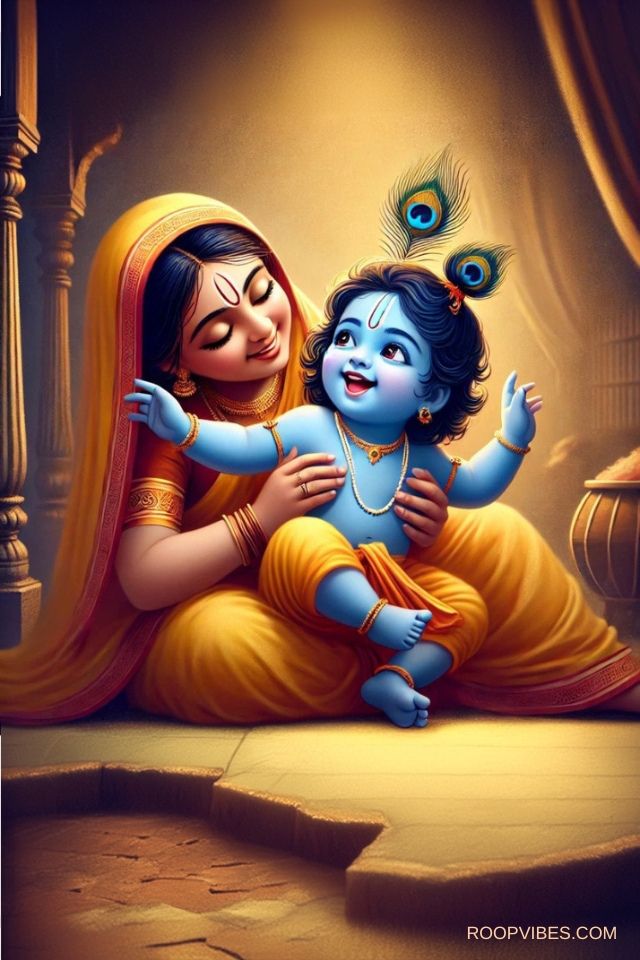 Radha lovingly holds baby Krishna.