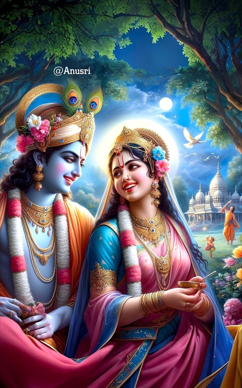 Radha and Krishna in a loving embrace