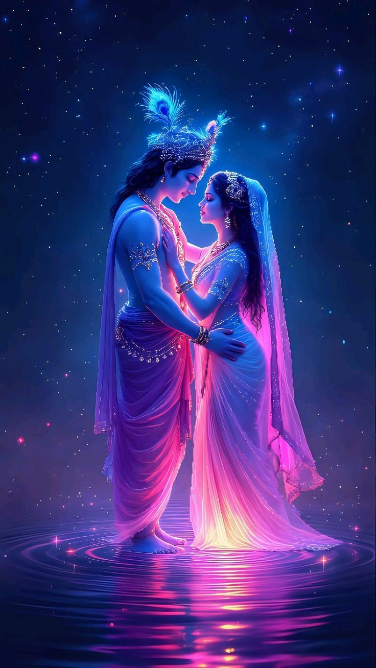 Radha Krishna embracing under starry sky