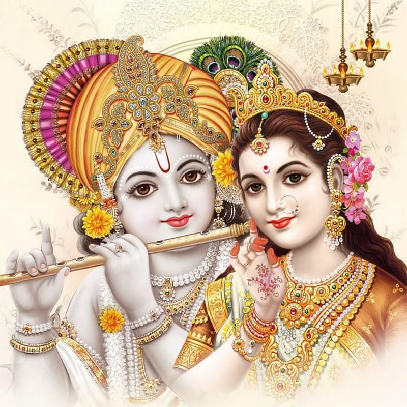 Radha and Krishna playing flute divine image