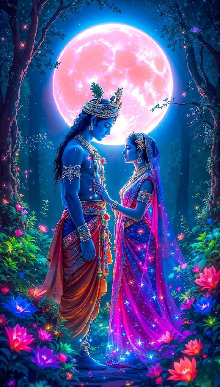 Radha and Krishna under a moonlit sky
