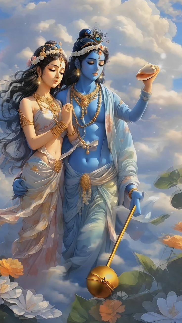 Krishna and Radha amidst heavenly clouds