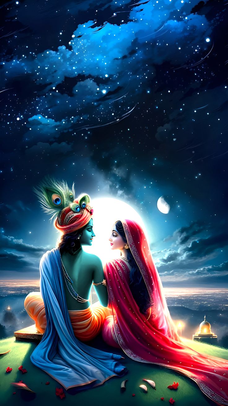 Radha and Krishna in a loving embrace.