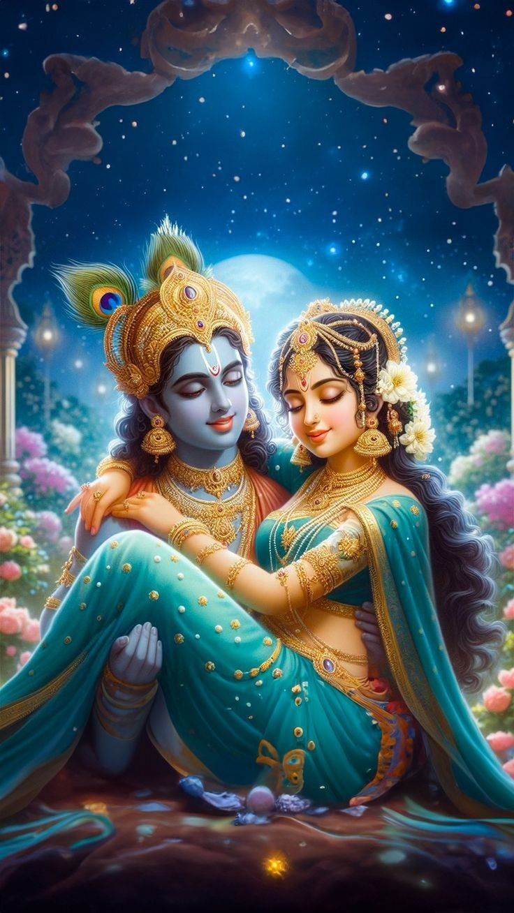 Radha and Krishna in loving embrace
