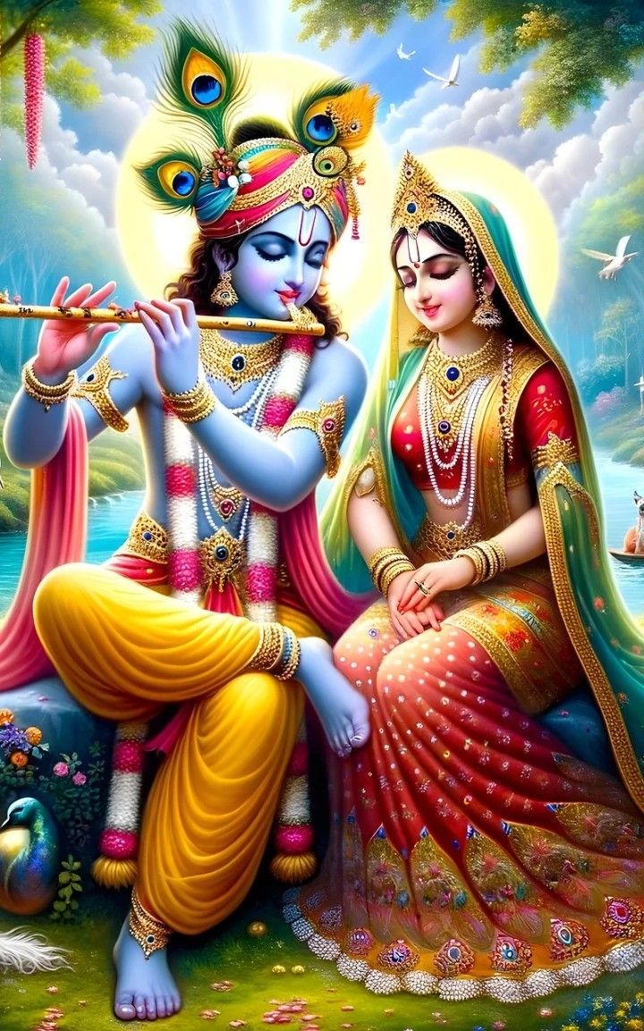Radha and Krishna playing flute together