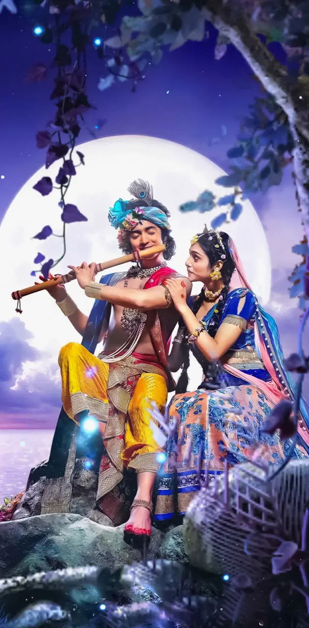 Krishna and Radha playing flute together