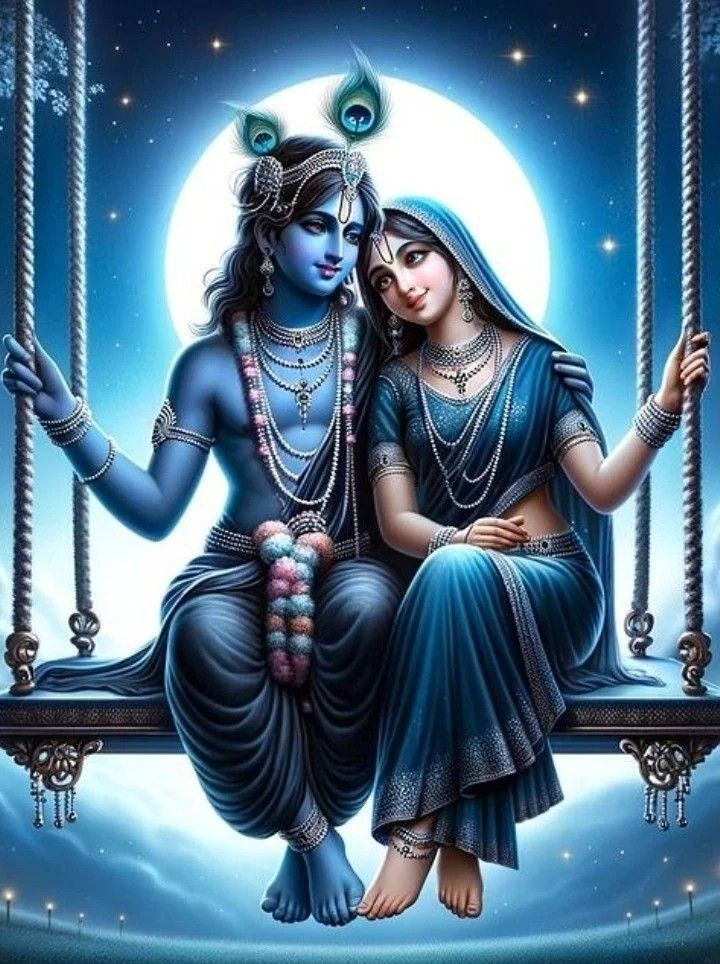 Radha and Krishna on a moonlit swing