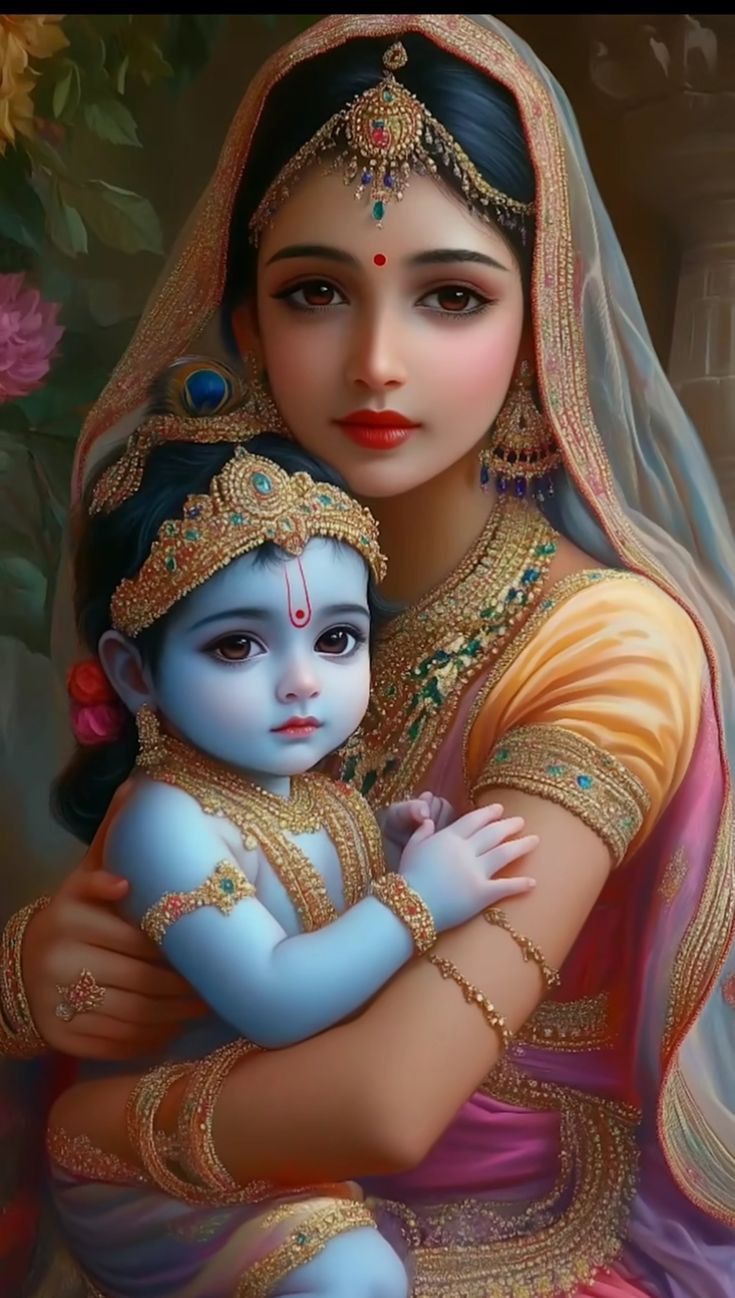Radha lovingly cradles baby Krishna