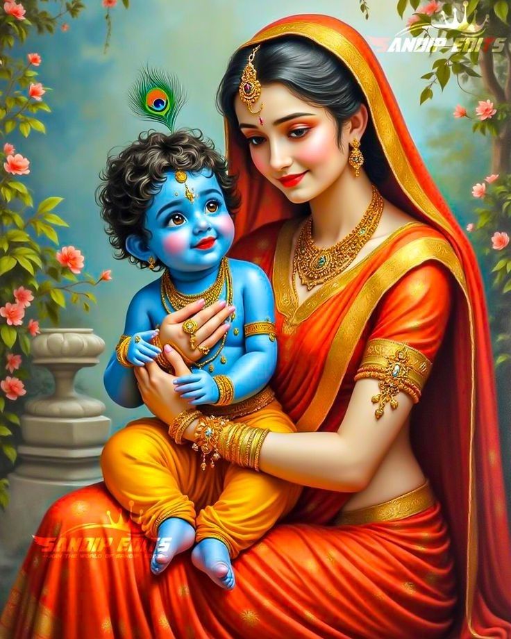 Radha lovingly holds baby Krishna.