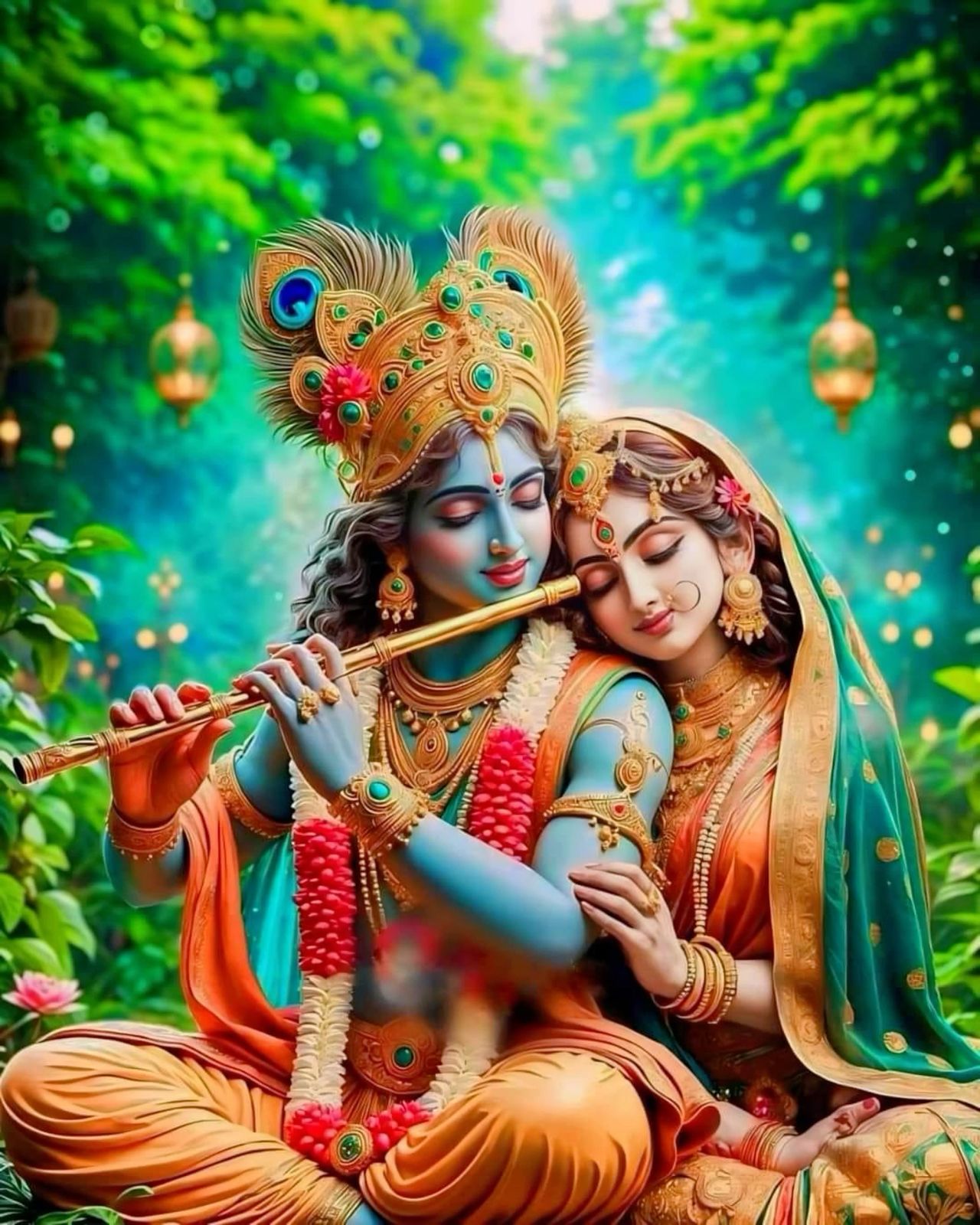 Krishna and Radha loving embrace wallpaper