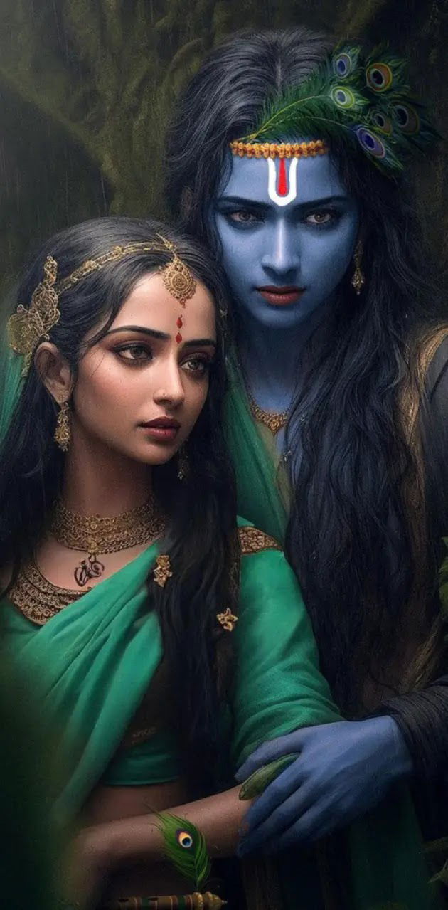 Radha and Krishna in loving embrace