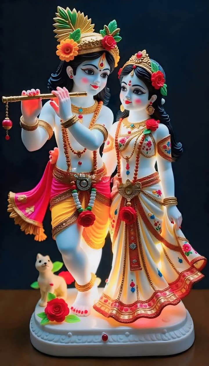 Krishna and Radha embracing, flute, divine