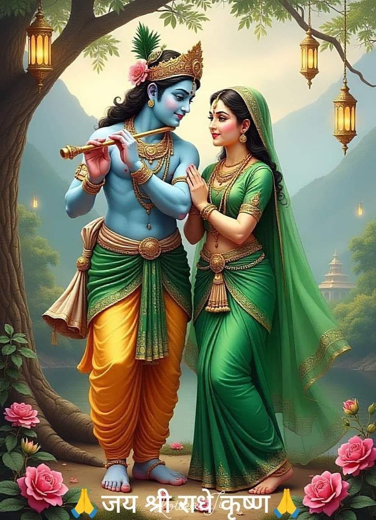 Krishna and Radha in a forest scene