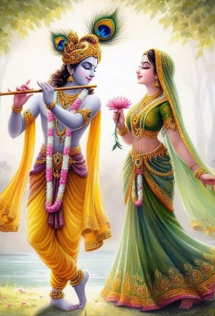 Krishna and Radha playing the flute