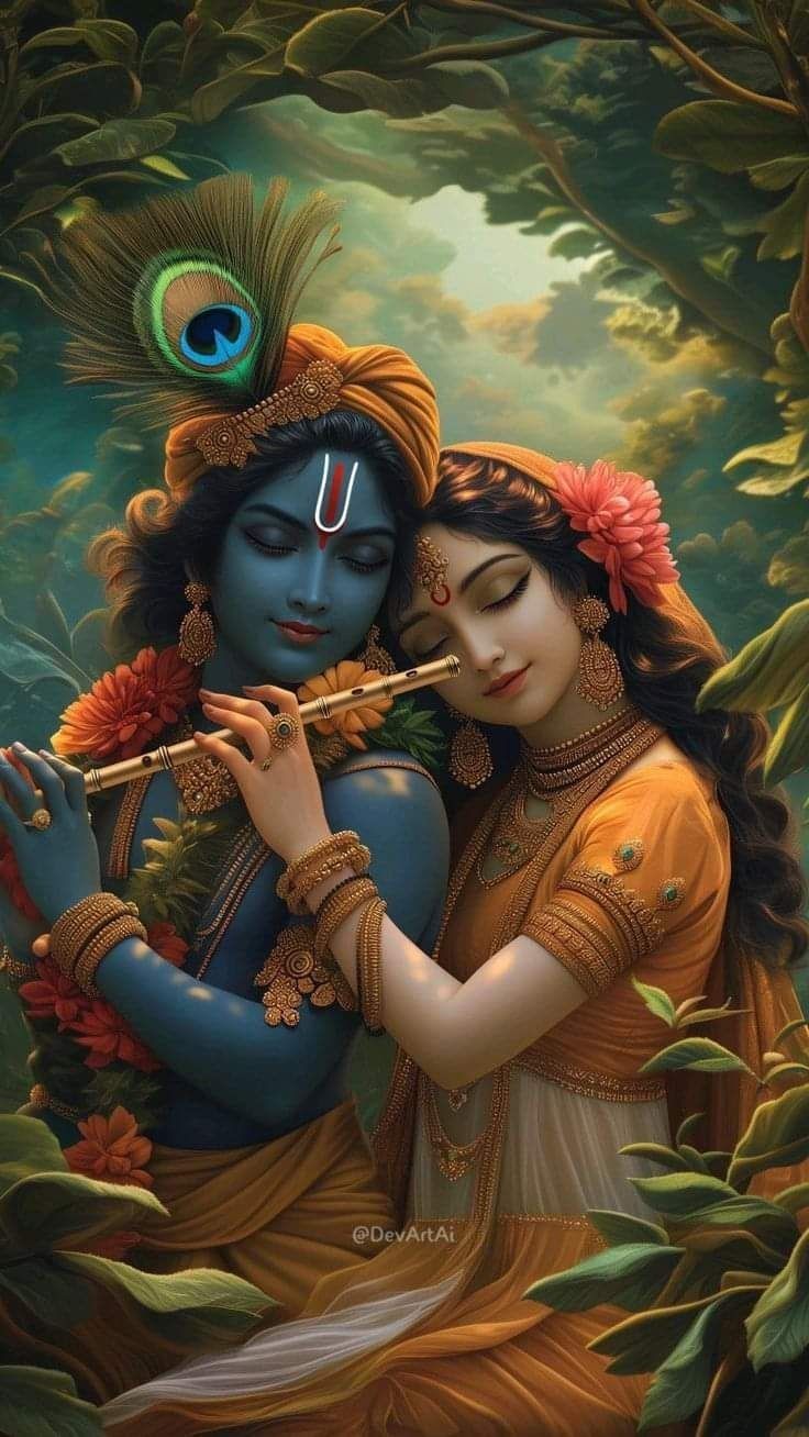 Krishna and Radha sharing a loving moment