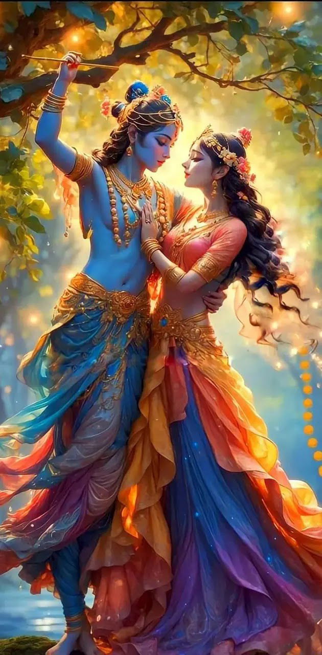 Krishna and Radha in loving embrace.