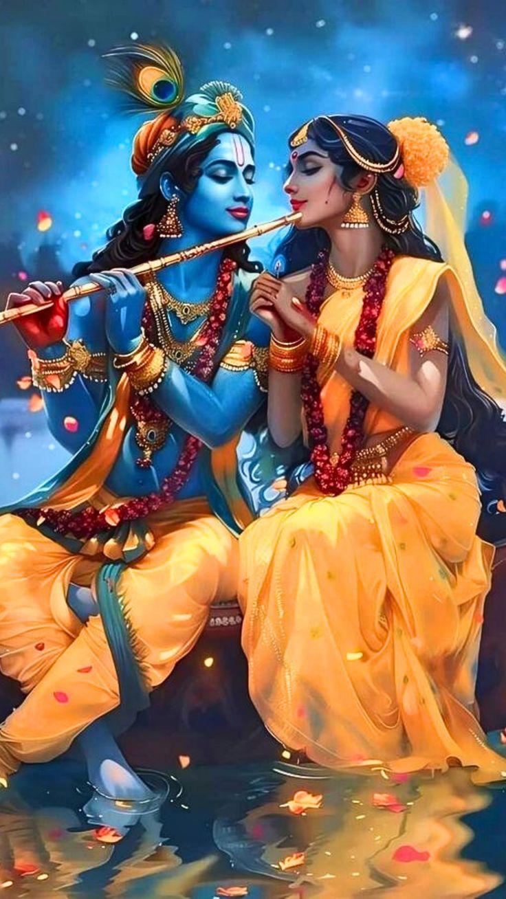 Radha and Krishna playing flute together.