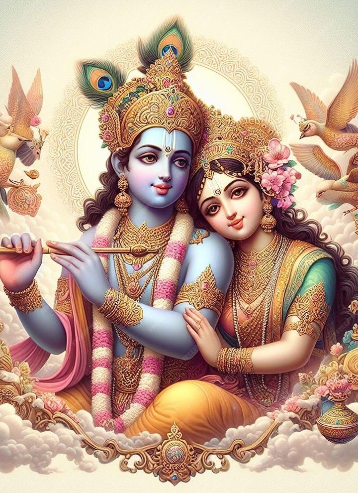 Krishna and Radha in loving embrace.