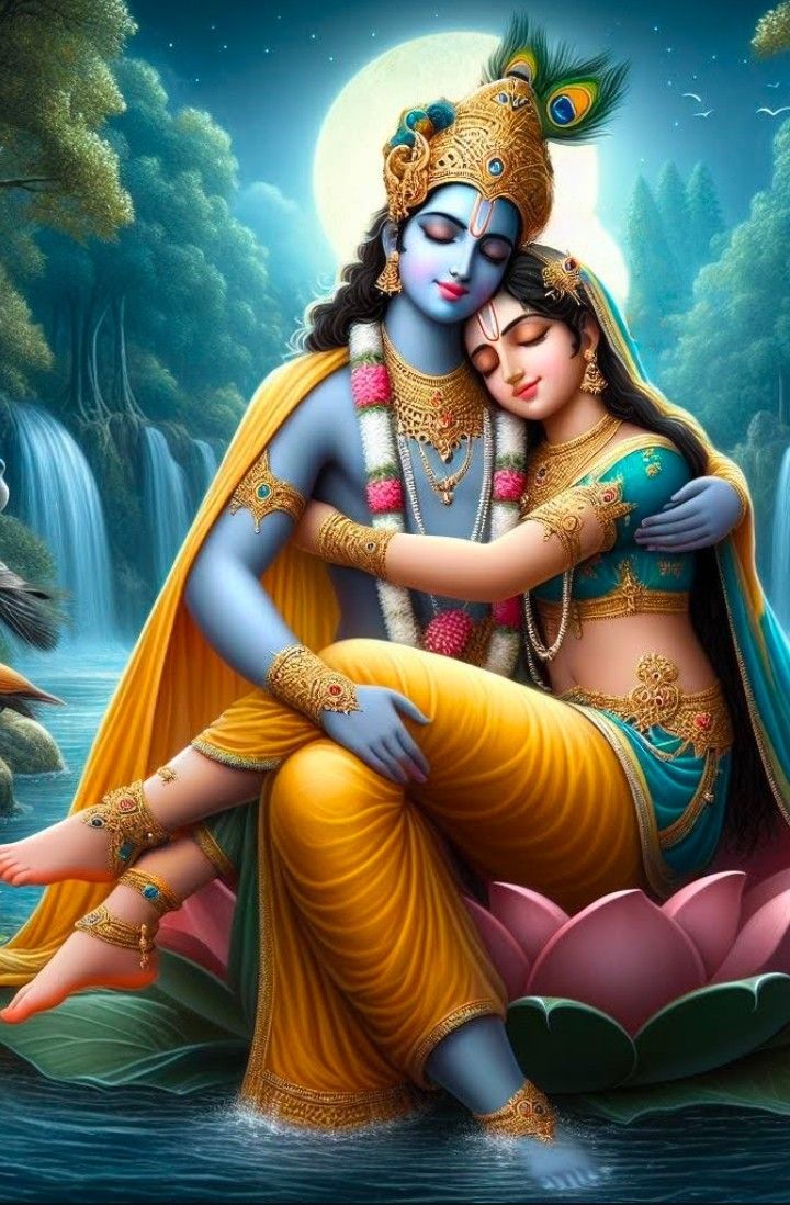 Radha and Krishna in a loving embrace