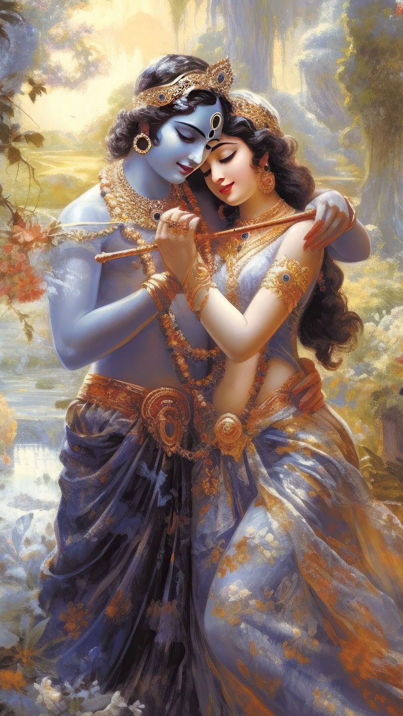Radha Krishna embracing tenderly, divine love