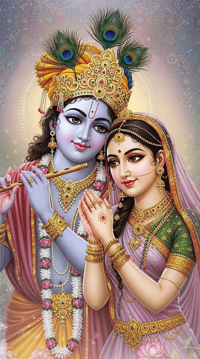 Radha and Krishna in loving embrace.