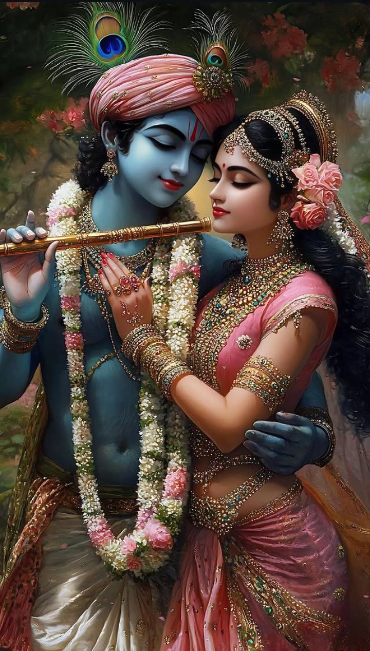 Radha and Krishna in loving embrace.